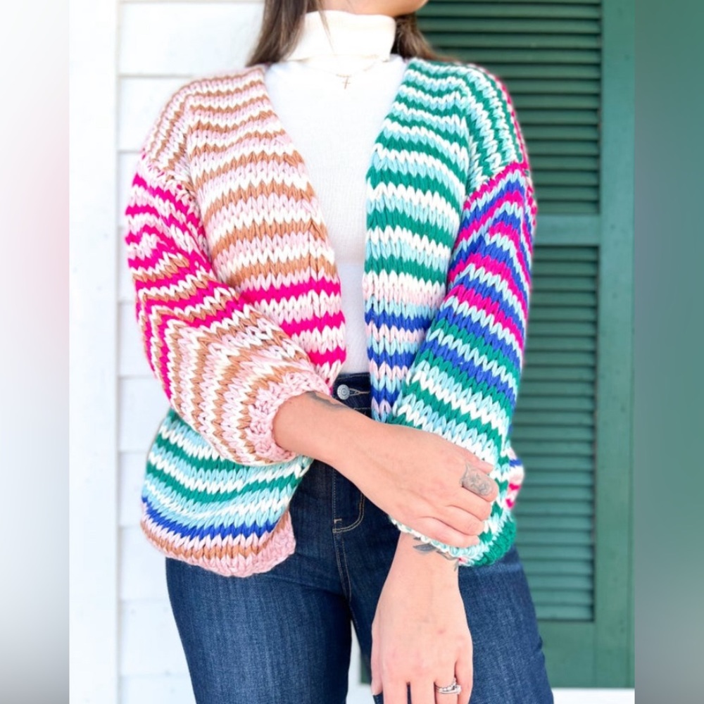 Listicle Striped Long Sleeve Handmade Knit Cardigan Oversized Fit Size Large